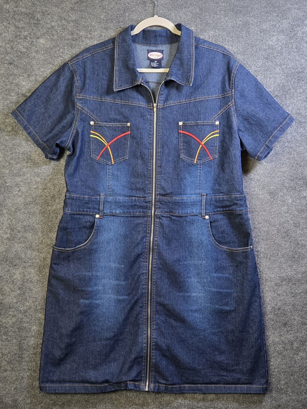 Zoey Beth Dress Womesn 2X Blue Denim Mini Short Sleeve Embroidered Teacher